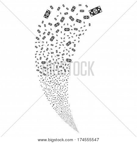 Banknote random fireworks stream. Vector illustration style is flat gray iconic symbols on a white background. Object fountain constructed from scattered pictographs.