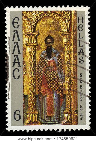 GREECE - CIRCA 1979: A stamp printed in Greece shows ancient greek icon Saint Basil of Caesarea, 1600 Years Death of Basil the Great, circa 1979