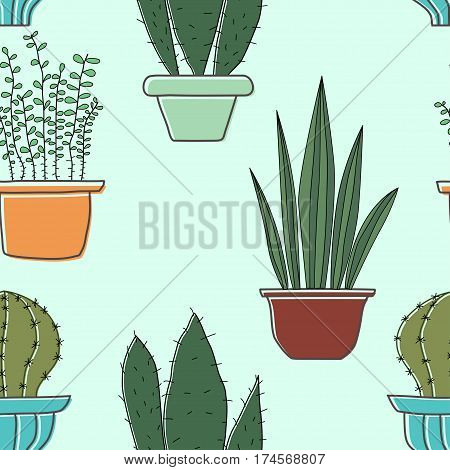 Seamless pattern with plants. Seamless vector pattern with cacti in pots. Texture for your design paper fabrics. Stock vector