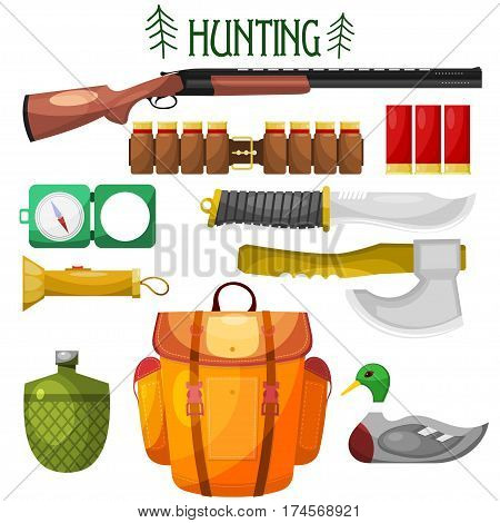 Hunting cartoon Icons. Set of vector cartoon icons of hunting. Illustration for hunting objects: knife an ax backpack gun compass cartridge flashlight water bottle bait. Stock vector