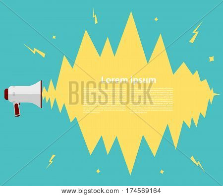 Megaphone on a green background. Megaphone in a flat style on a green background with the explosion. Vintage background with speaker illustration for the message advertising. Stock vector