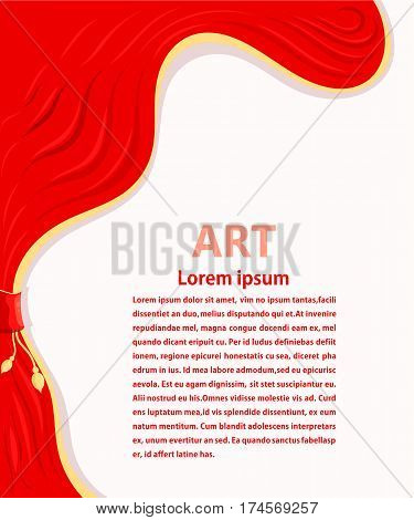 Cartoon theater. Theater curtain with gold tassels and space for text. Open theater curtain. Red silk side scenes on stage. Stock vector