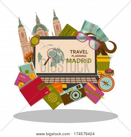 Travel planning to Madrid flat concept. Vector illustration.