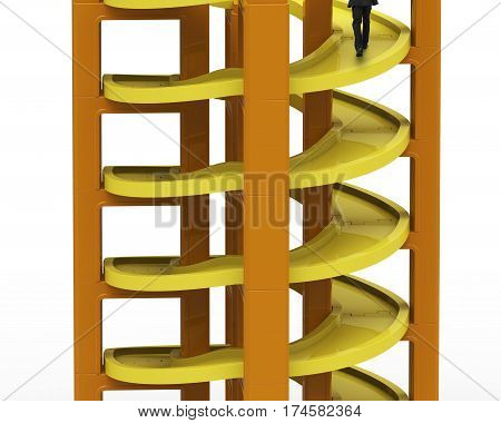 Man walking on unfinished spiral track in stacking blocks isolated on white background.