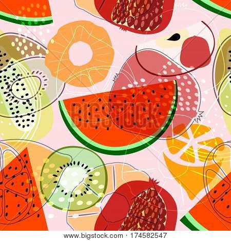Seamless pattern with fruits: watermelon orange kiwi pomegranate melon apple. Colorful vector pattern flat style. Stock vector