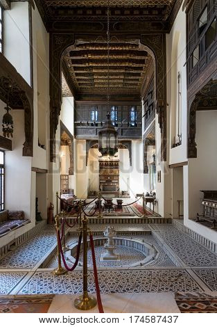 Cairo, Egypt - February 18, 2017: Ballroom of Gayer Anderson House, a seventeenth century historic house situated adjacent to the Mosque of Ahmad ibn Tulun in the Sayyida Zeinab neighborhood