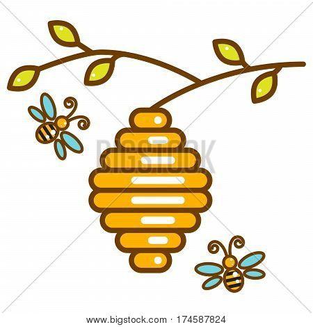 Cute vespiary hanging on branch with bees line isolated vector icon.