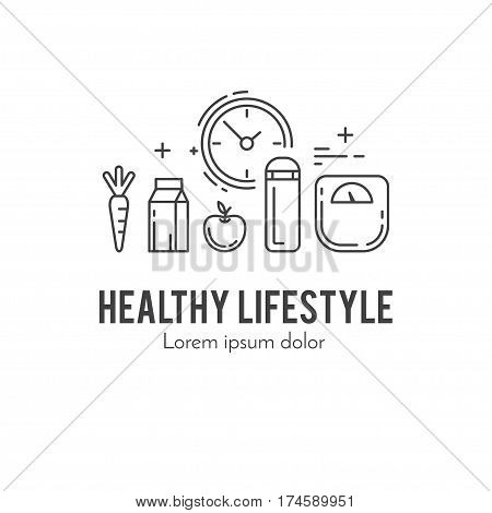 Design concept with thin line icons of healthy living lifestyle, food and fitness training elements. Outline logo template isolated on white background.