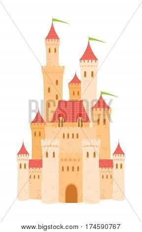 Medieval cartoon castle with orange walls and towers on white background