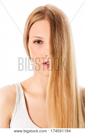 Blond hair. Beautiful woman with straight long hair.