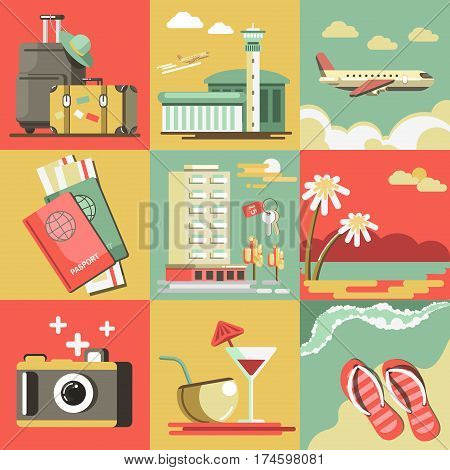 Summer travel and holiday vacation flat illustrations. Trip suitcase and airport, passports visa for aircraft journey, palms on ocean island beach, photo camera and hotel keys. Vector icons set