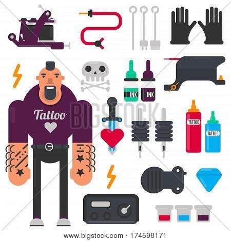 Tattoo or tattooist profession and tattooing machine tools or equipment. Ink needles, safety gloves vector icons set