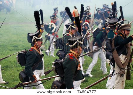 BORODINO MOSCOW REGION - SEPTEMBER 04 2016: Reenactors dressed as Napoleonic war soldiers at Borodino battle historical reenactment in Russia. Color photo.