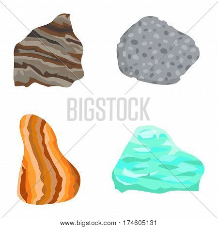 Collectionof semi precious gemstones vector stones and mineral colorful shiny jewelry material agate geology crystal isolated on white background. Semiprecious granite chalcedony beauty amethyst.
