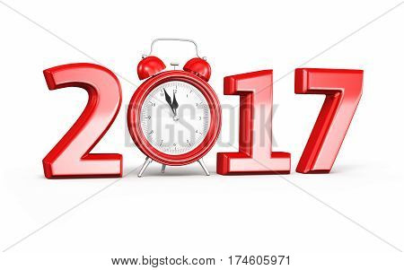 3d render New Year 2017 and Alarm clock (isolated on white and clipping path)