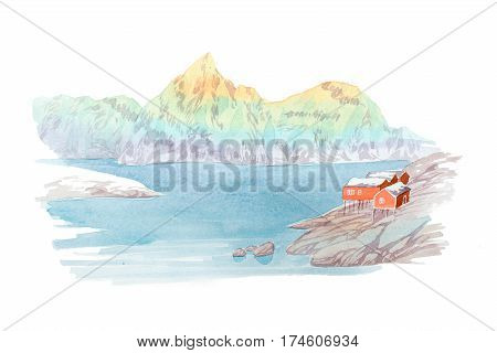 Natural landscape mountains and river watercolor illustration.
