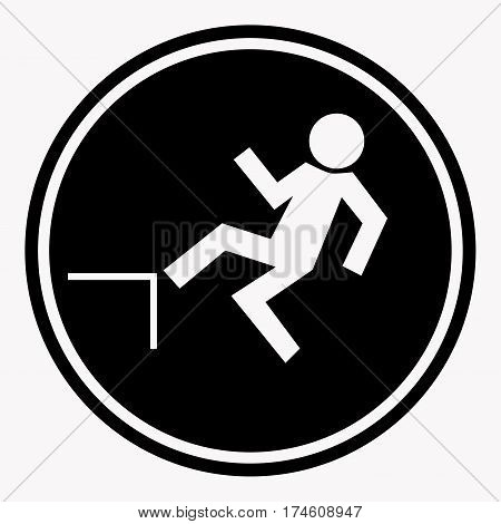 Risk of falling from height of human danger sign black circle isolated on white. Vector illustration of warning character and attention symbol. Professional, pixel perfect flat icons for web design.