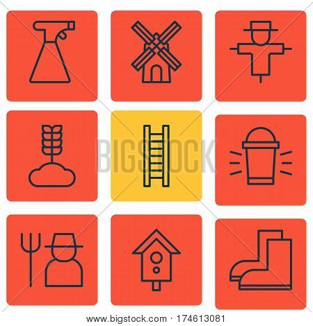 Set Of 9 Holticulture Icons. Includes Bugbear, Gardening Shoes, Hang Lamp And Other Symbols. Beautiful Design Elements.