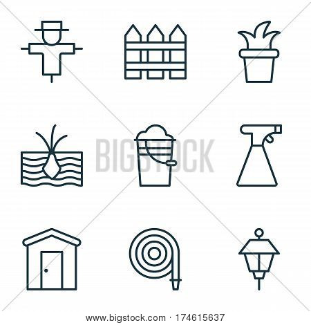 Set Of 9 Holticulture Icons. Includes Farmhouse, Bugbear, Sprinkler And Other Symbols. Beautiful Design Elements.