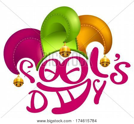 April fools day clown cap with golden bells. Isolated on white vector illustration