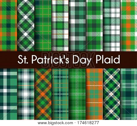 16 Seamless Patterns Green St. Patrick's Day Plaid. Tartan Flannel Shirt Patterns. Trendy Tiles Vector Illustration for Wallpapers.