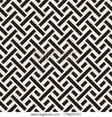 Interlacing Lines Maze Lattice. Ethnic Monochrome Texture. Abstract Geometric Background Design. Vector Seamless Black and White Pattern.