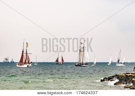 Sailing ship on the sea. Tall Ship.Yachting and Sailing travel. Cruises and holidays. Postcard and Book cover