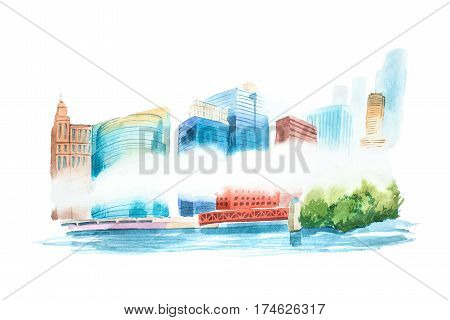 Aquarelle cityscape with houses and buildings watercolor illustration