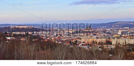 The city of Brno Czech Republic-Europe. Top view of the city with monuments and roofs. panorama photo. Ancient churches Petrov and castles Spilberk.