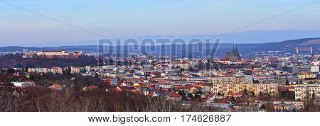 The city of Brno Czech Republic-Europe. Top view of the city with monuments and roofs. panorama photo. Ancient churches Petrov and castles Spilberk.