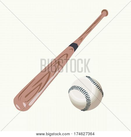 Wooden baseball bat and ball isolated on white background. Vector illustration.