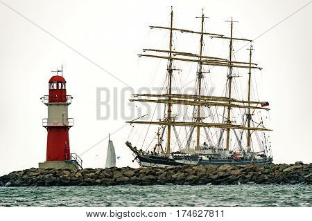 Sailing ship on the sea. Tall Ship.Yachting and Sailing travel. Cruises and holidays. Postcard and Book cover.