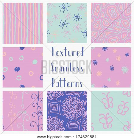 Set of Abstract Hand Drawn Doodle Geometric Colorful Grunge Textured Seamless Background Patterns. Fully Editable EPS file with Pattern Swatches