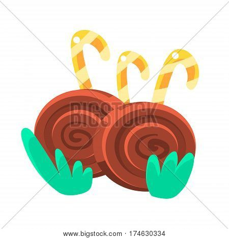 Chocolate Rolls With Hooked Candy Sticks, Fairy Tale Candy Land Fair Landscaping Element In Childish Colorful Design Isolated Object. Sweet landscape Clipart Item In Bright Color Vector Illustration.