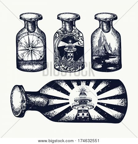Compass and mountains in bottle tattoo art. Symbol tourism travel adventure. Lighthouse and tsunami compass and mountains vintage bottles t-shirt design