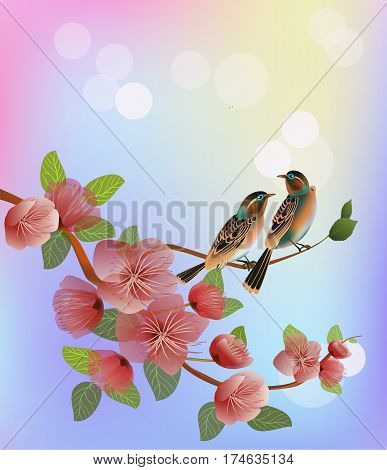 Nature background with blossom branch of pink sakura flowers. Vector template isolated