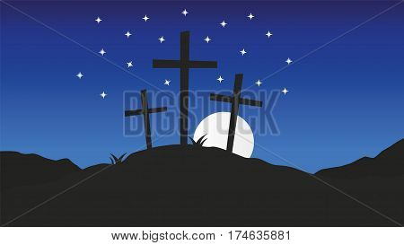 Three crosses standing on Golgotha.Good Friday christian vector background illustration