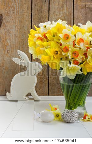 Easter eggs hunt - white rabbit with eggs and daffodil flowers