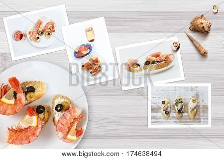 Beautiful snapshots of various italian sandwiches with seafood arranged on rustic wooden background with plates with food and seashells with copy space horizontal top view.
