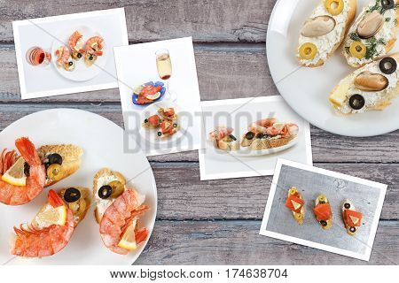 Beautiful snapshots of various italian sandwiches with seafood arranged on rustic wooden background with plates with food and seashells with copy space horizontal top view.