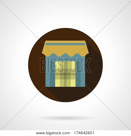Symbol of blue market stall or kiosk with yellow awning. Trade pavilion, tents and other constructions. Round flat design vector icon.