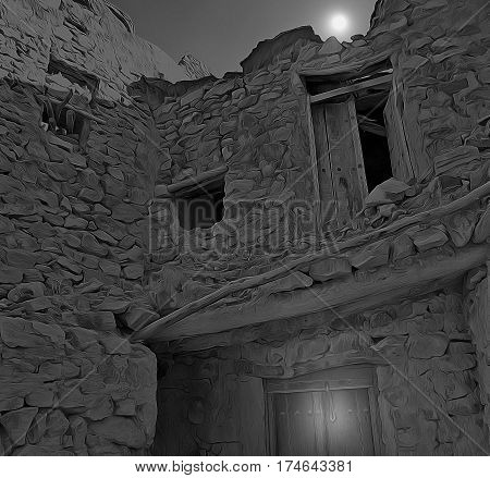 Crumbling eeire earthen house under the moonlight