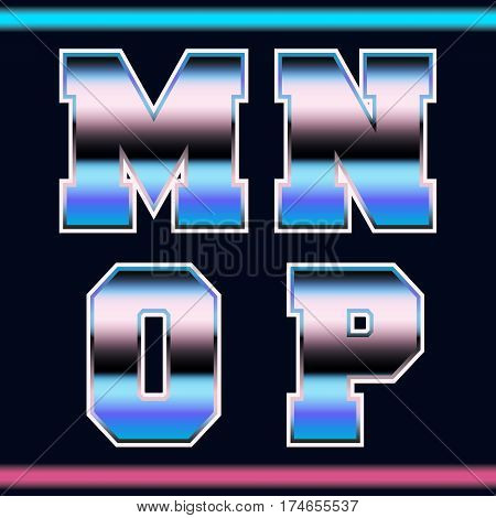 Letter font template 80s retro style. Set of letters M N O P logo or icon old video game design. Vector illustration.