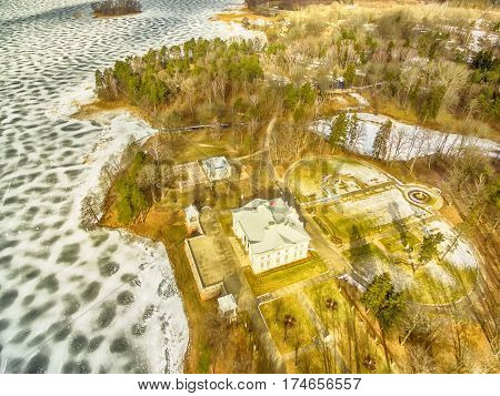 Trakai, Lithuania: Aerial UAV top view of Uzutrakis Palace in the winter
