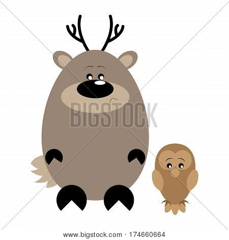 Funny cartoon sad deer and his owl friend