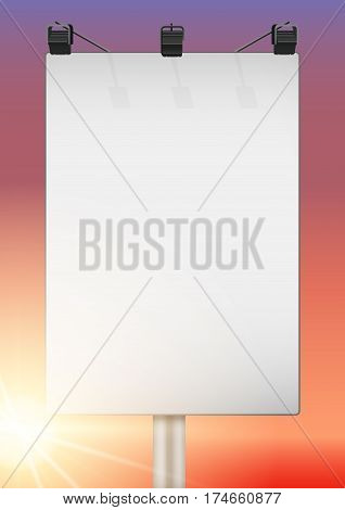 Closeup Empty mockup billboard with sun at sunset. A4 format. Vector Illustration isolated on background.