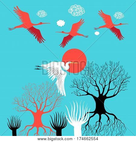Vector illustration with herons and ibises fly over trees