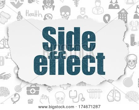 Health concept: Painted blue text Side Effect on Torn Paper background with  Hand Drawn Medicine Icons
