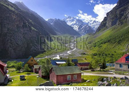 snowy mountain peaks and green valleys Caucasus