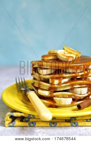Banana Pancakes With Caramel For A Breakfast.